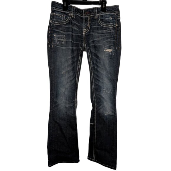 MEK DNM Denim Buckle Dark Wash Rhinestone Pocket Saka Slim Boot Cut Jeans Tall - Picture 3 of 7